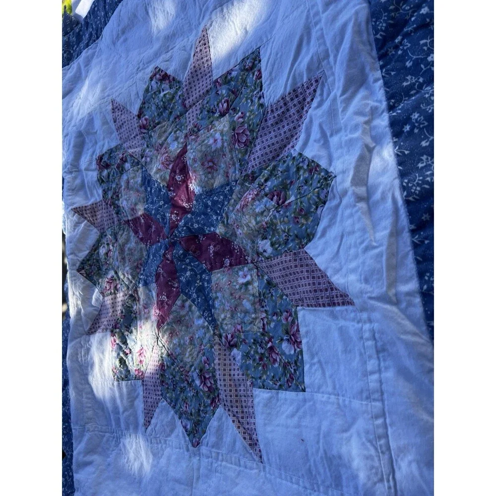 Vintage Cottage Floral Patchwork Quilted Pillow Shams Pair Blue Pink Zip Closure